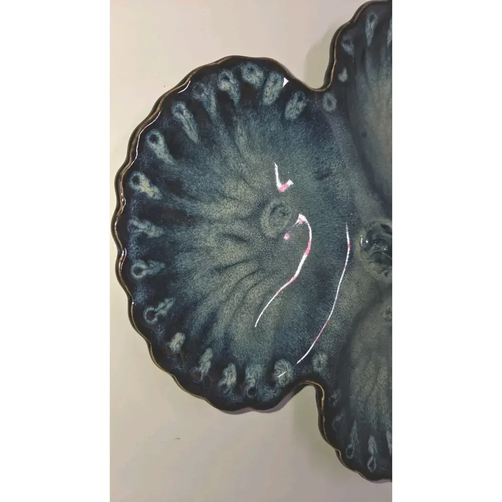 MCM 1960s California Pottery Blue Triple Section Scallop Shell Serving Tray